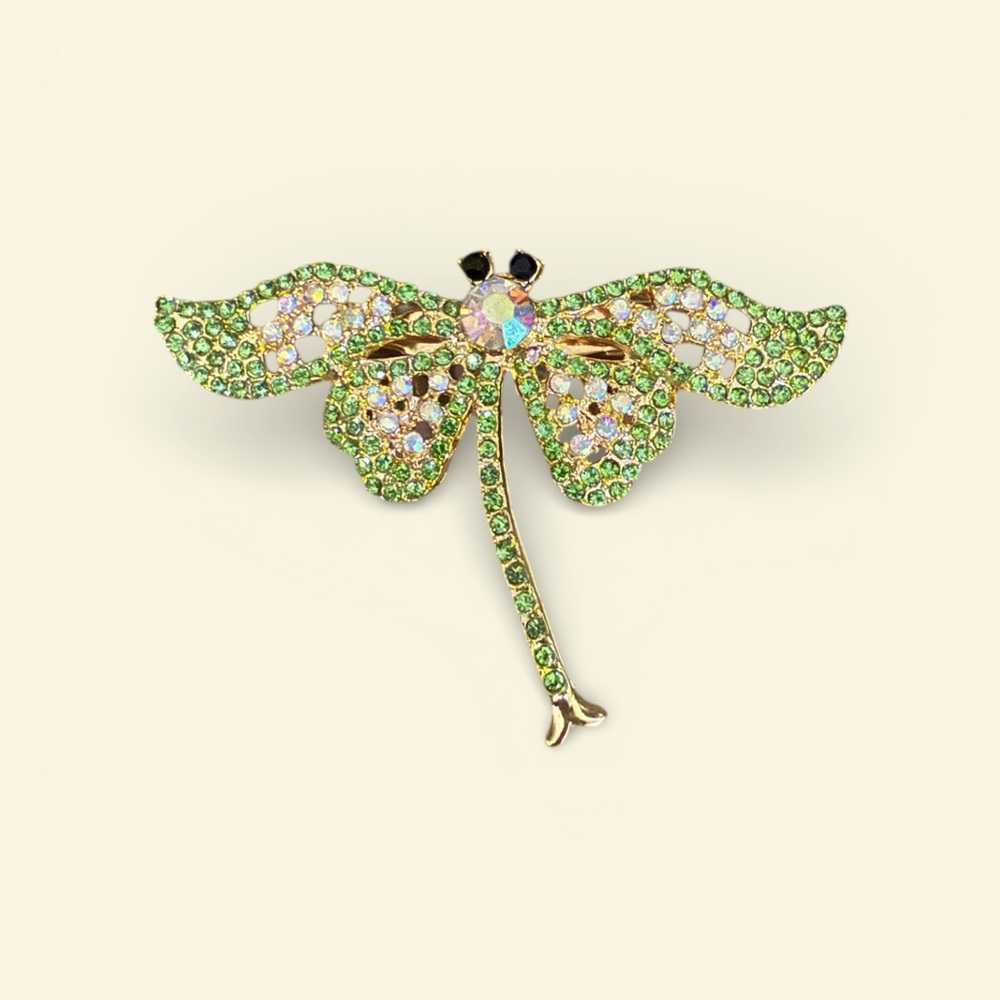 Green and Sparkly Gold Tone Dragonfly Brooch